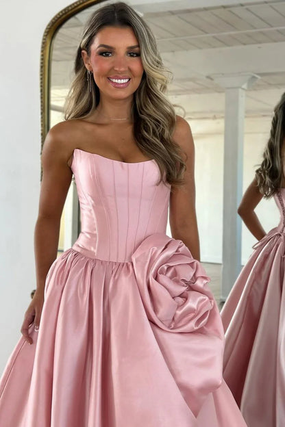 Luxury Strapless Corset Prom Gown With High Slit Skirt And Rosette Accent AD246