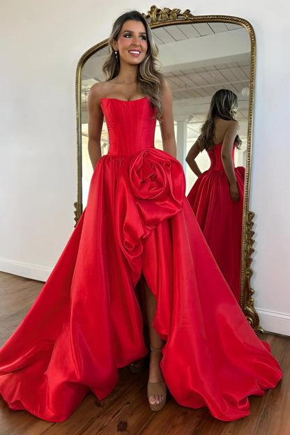 Luxury Strapless Corset Prom Gown With High Slit Skirt And Rosette Accent AD246