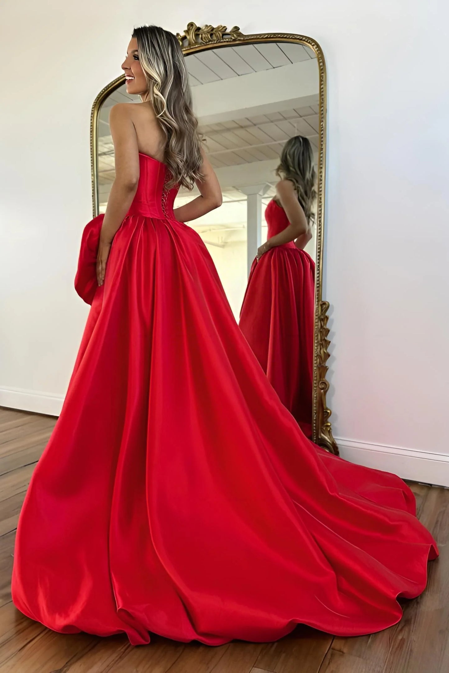 Luxury Strapless Corset Prom Gown With High Slit Skirt And Rosette Accent AD246