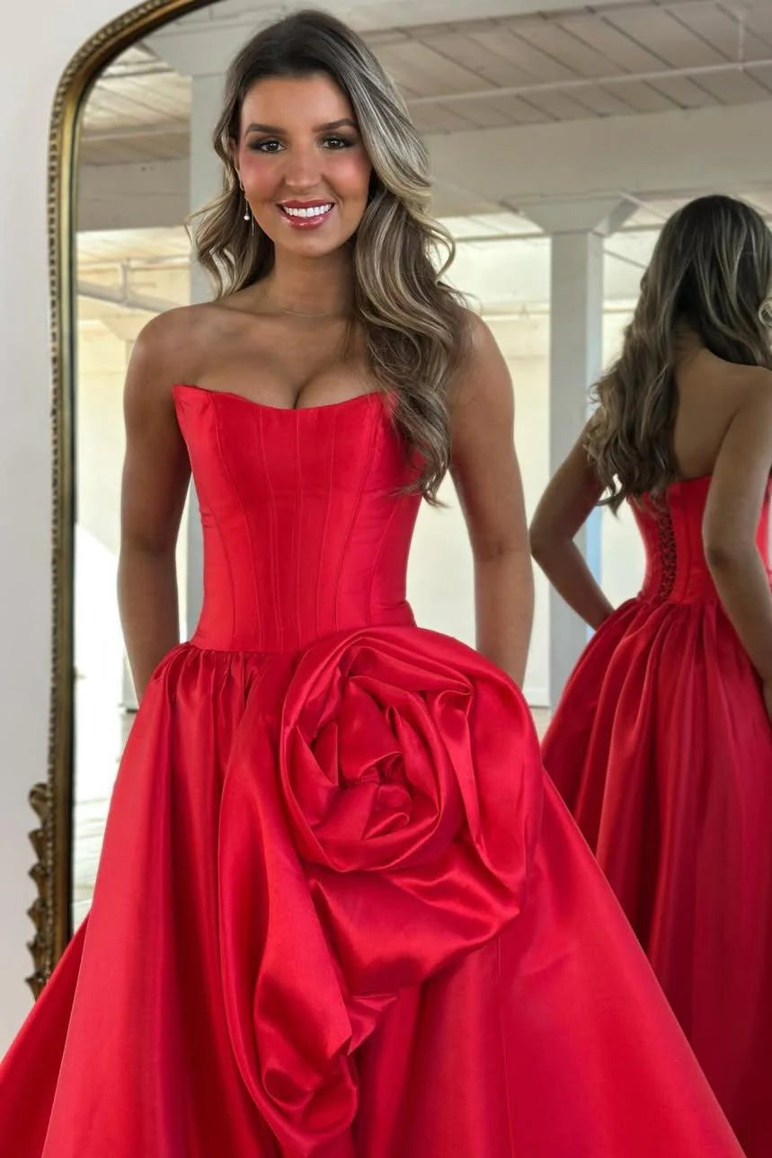 Luxury Strapless Corset Prom Gown With High Slit Skirt And Rosette Accent AD246