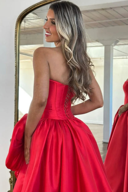 Luxury Strapless Corset Prom Gown With High Slit Skirt And Rosette Accent AD246