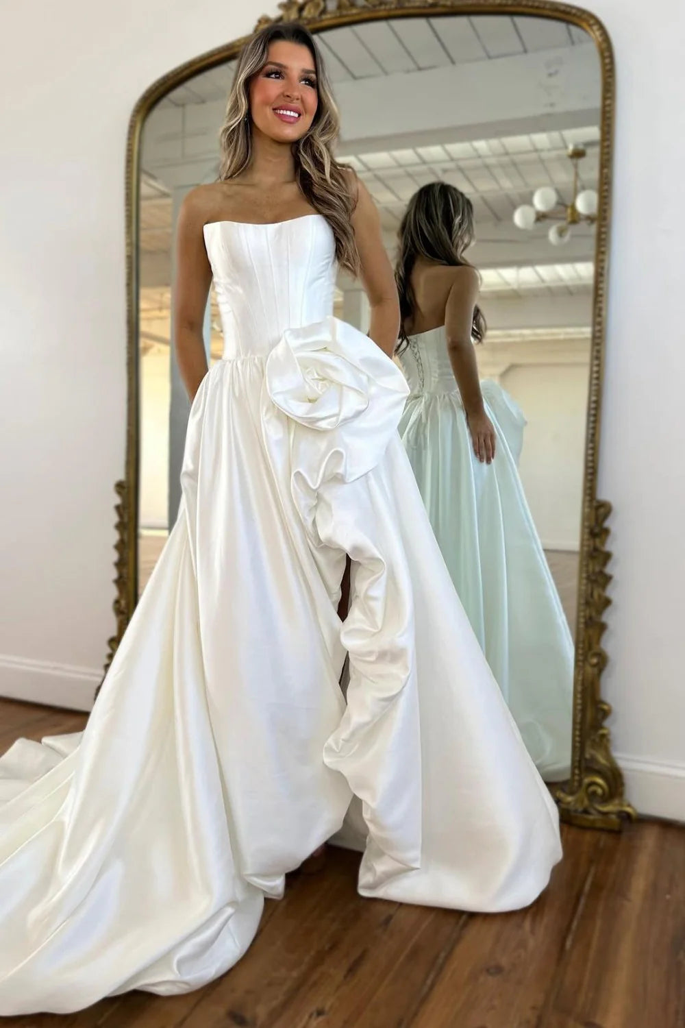 Luxury Strapless Corset Prom Gown With High Slit Skirt And Rosette Accent AD246