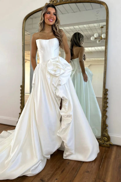 Luxury Strapless Corset Prom Gown With High Slit Skirt And Rosette Accent AD246