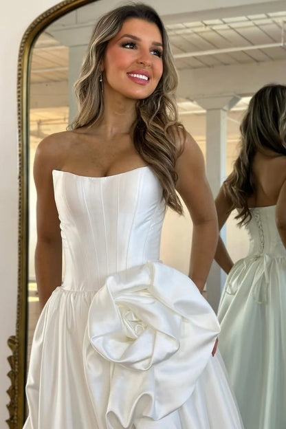 Luxury Strapless Corset Prom Gown With High Slit Skirt And Rosette Accent AD246