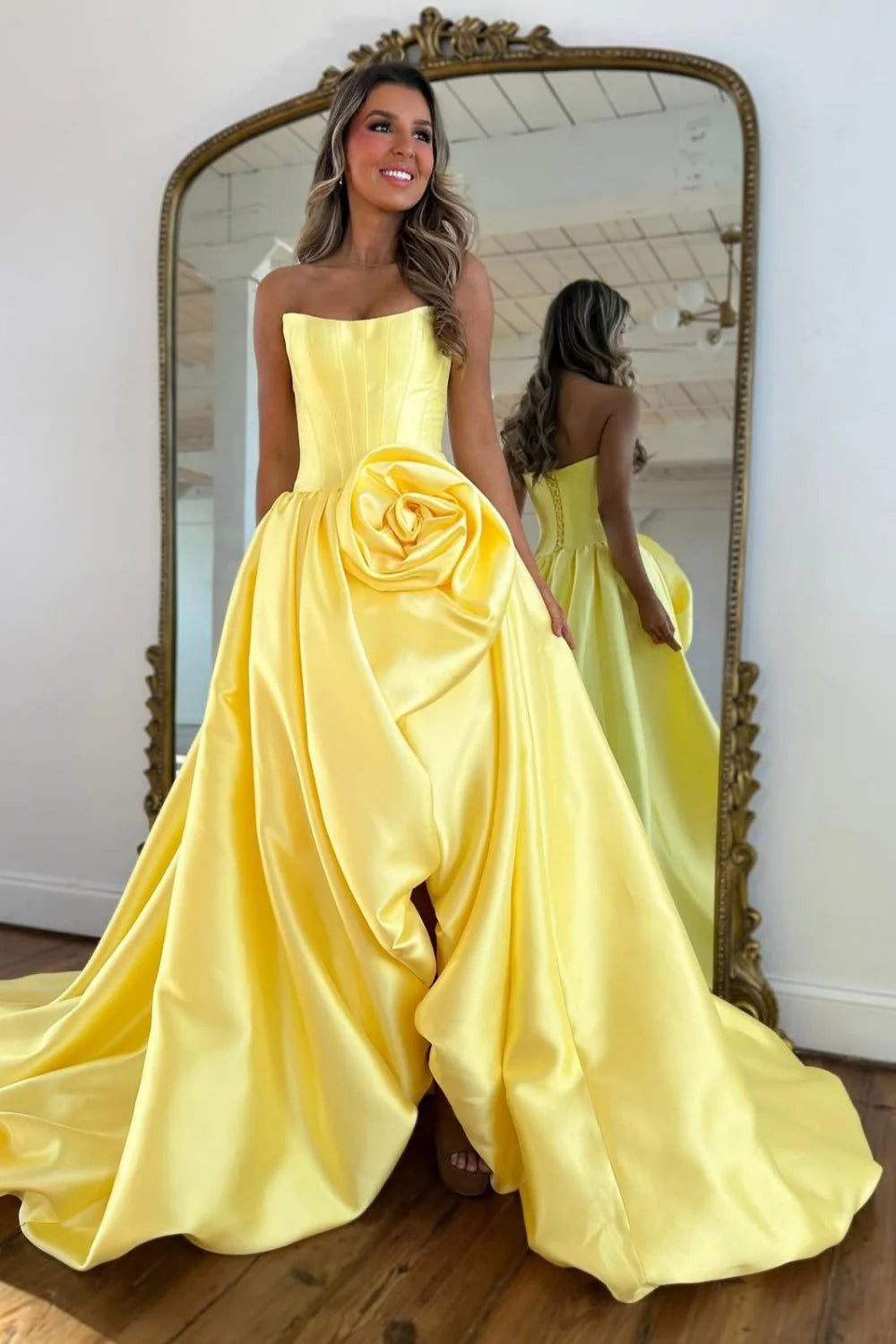 Luxury Strapless Corset Prom Gown With High Slit Skirt And Rosette Accent AD246