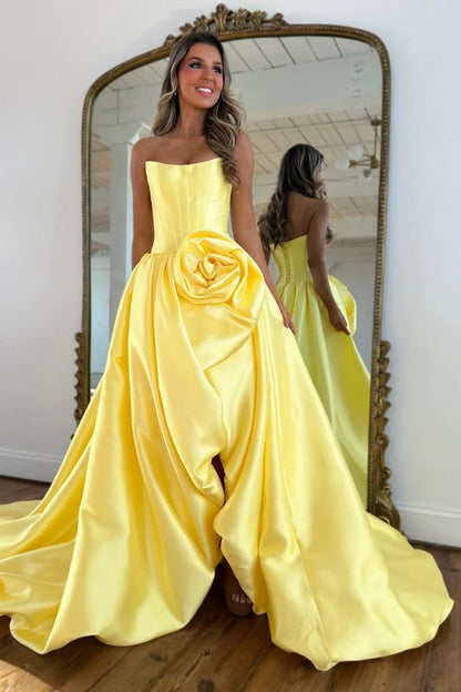 Luxury Strapless Corset Prom Gown With High Slit Skirt And Rosette Accent AD246