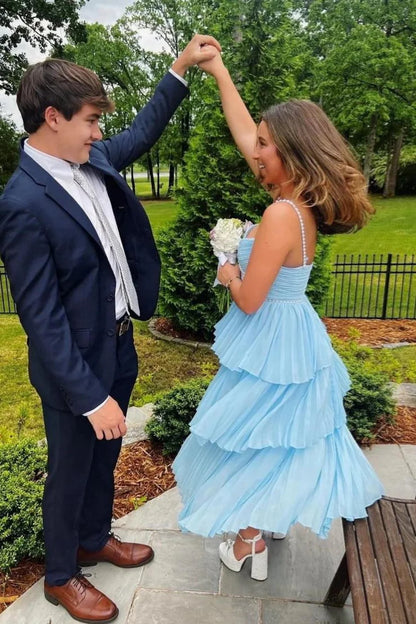 Pearl Embellished Light Blue Flowy Pleated Prom Dress With Chiffon Skirt AD248