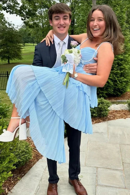 Pearl Embellished Light Blue Flowy Pleated Prom Dress With Chiffon Skirt AD248