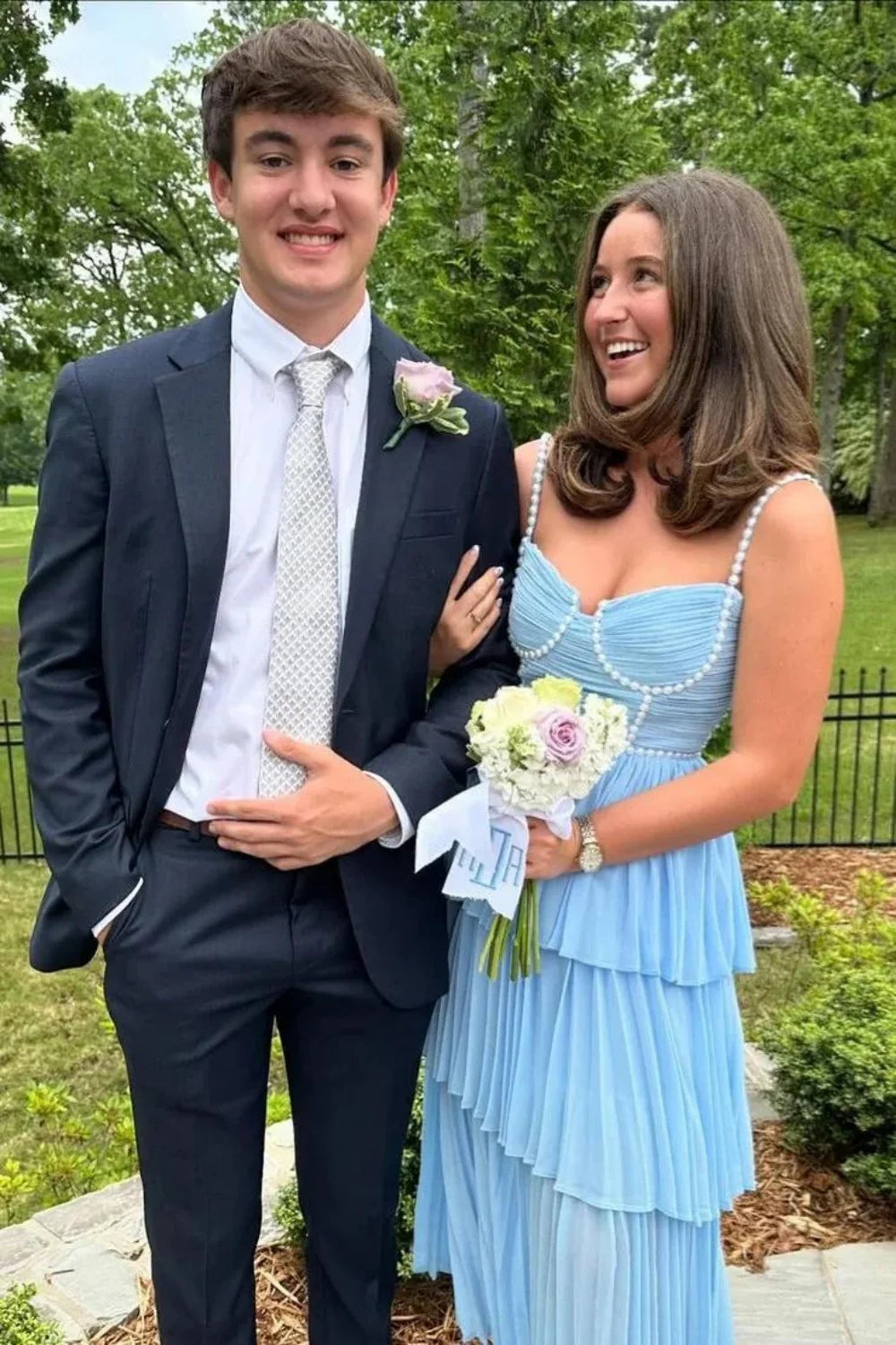 Pearl Embellished Light Blue Flowy Pleated Prom Dress With Chiffon Skirt AD248