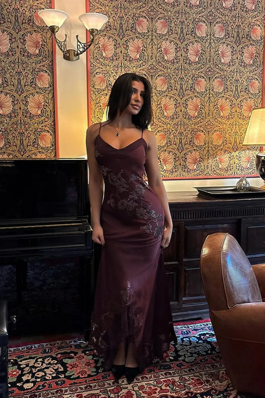Sophisticated Burgundy Satin Prom Dress With Spaghetti Straps And Lace Detail AD250