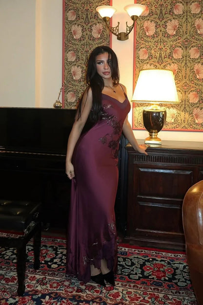 Sophisticated Burgundy Satin Prom Dress With Spaghetti Straps And Lace Detail AD250
