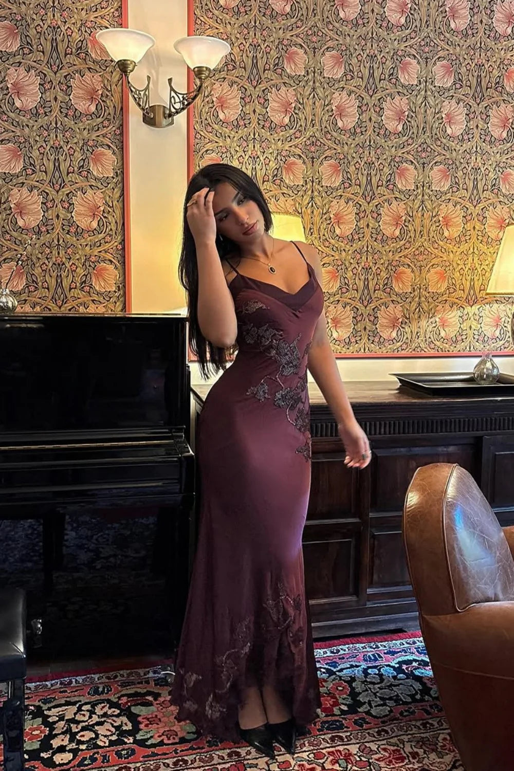 Sophisticated Burgundy Satin Prom Dress With Spaghetti Straps And Lace Detail AD250