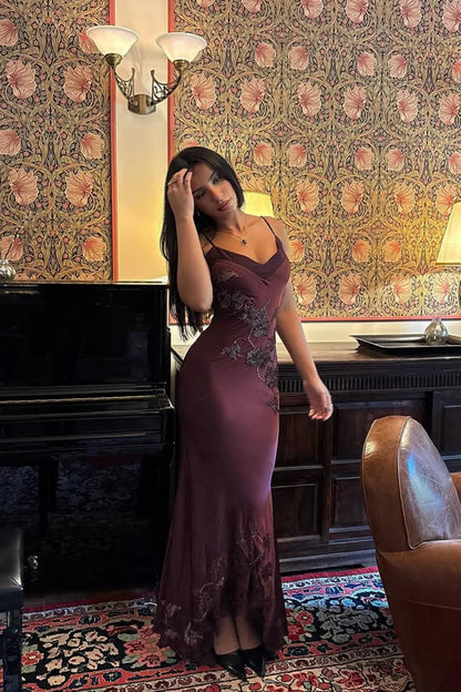 Sophisticated Burgundy Satin Prom Dress With Spaghetti Straps And Lace Detail AD250