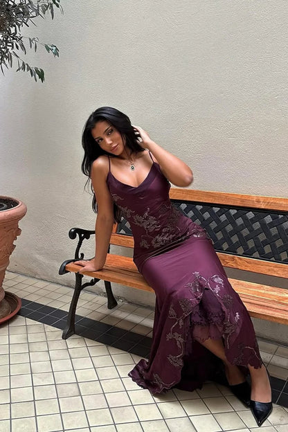 Sophisticated Burgundy Satin Prom Dress With Spaghetti Straps And Lace Detail AD250