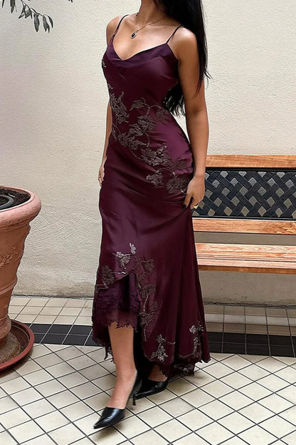 Sophisticated Burgundy Satin Prom Dress With Spaghetti Straps And Lace Detail AD250