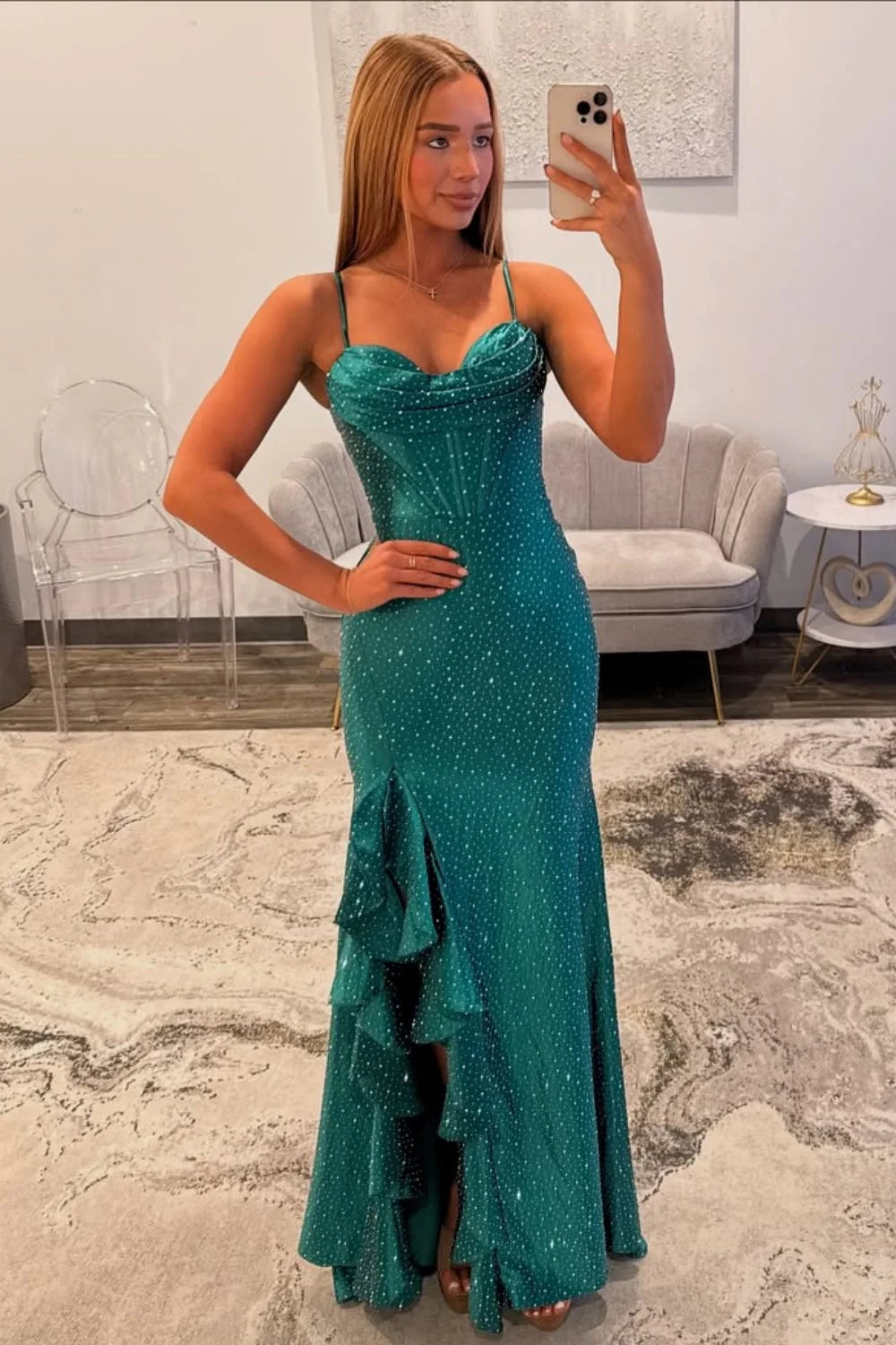 Elegant Emerald Green Spaghetti Straps Sparkly Prom Dress With High Slit AD251