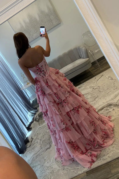 Fairytale Pink Floral Corset Sweetheart Prom Dress With Tiered Skirt And Slit AD253