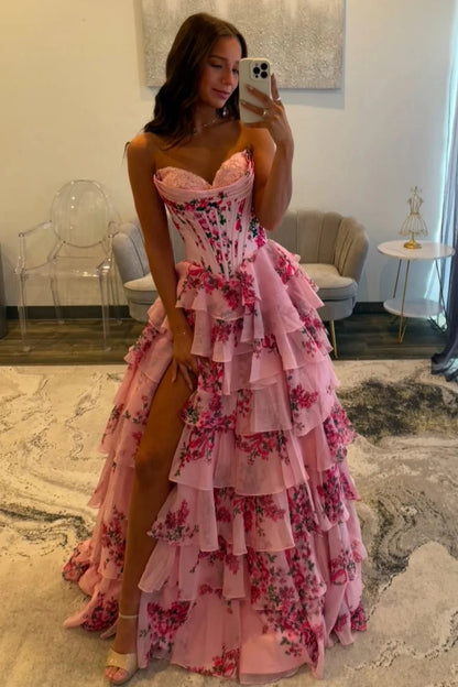 Fairytale Pink Floral Corset Sweetheart Prom Dress With Tiered Skirt And Slit AD253