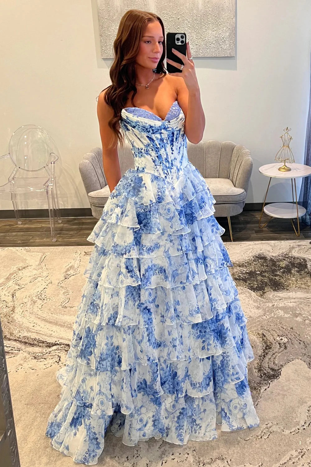 Fairytale Pink Floral Corset Sweetheart Prom Dress With Tiered Skirt And Slit AD253