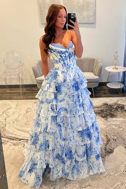 Fairytale Pink Floral Corset Sweetheart Prom Dress With Tiered Skirt And Slit AD253