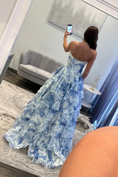 Fairytale Pink Floral Corset Sweetheart Prom Dress With Tiered Skirt And Slit AD253