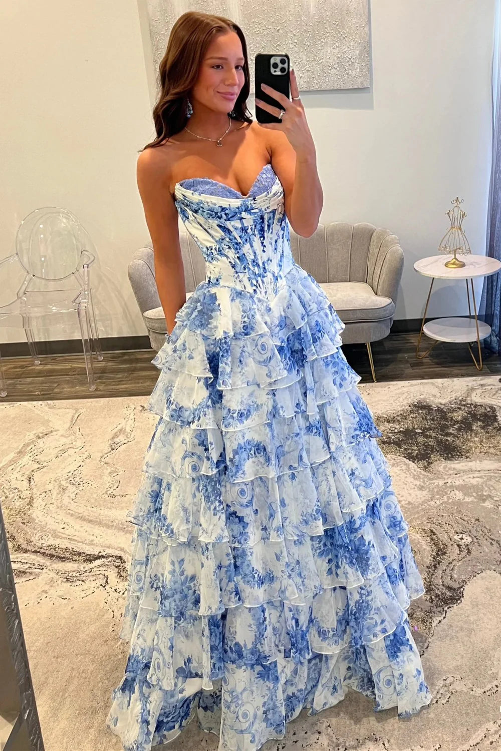 Fairytale Pink Floral Corset Sweetheart Prom Dress With Tiered Skirt And Slit AD253