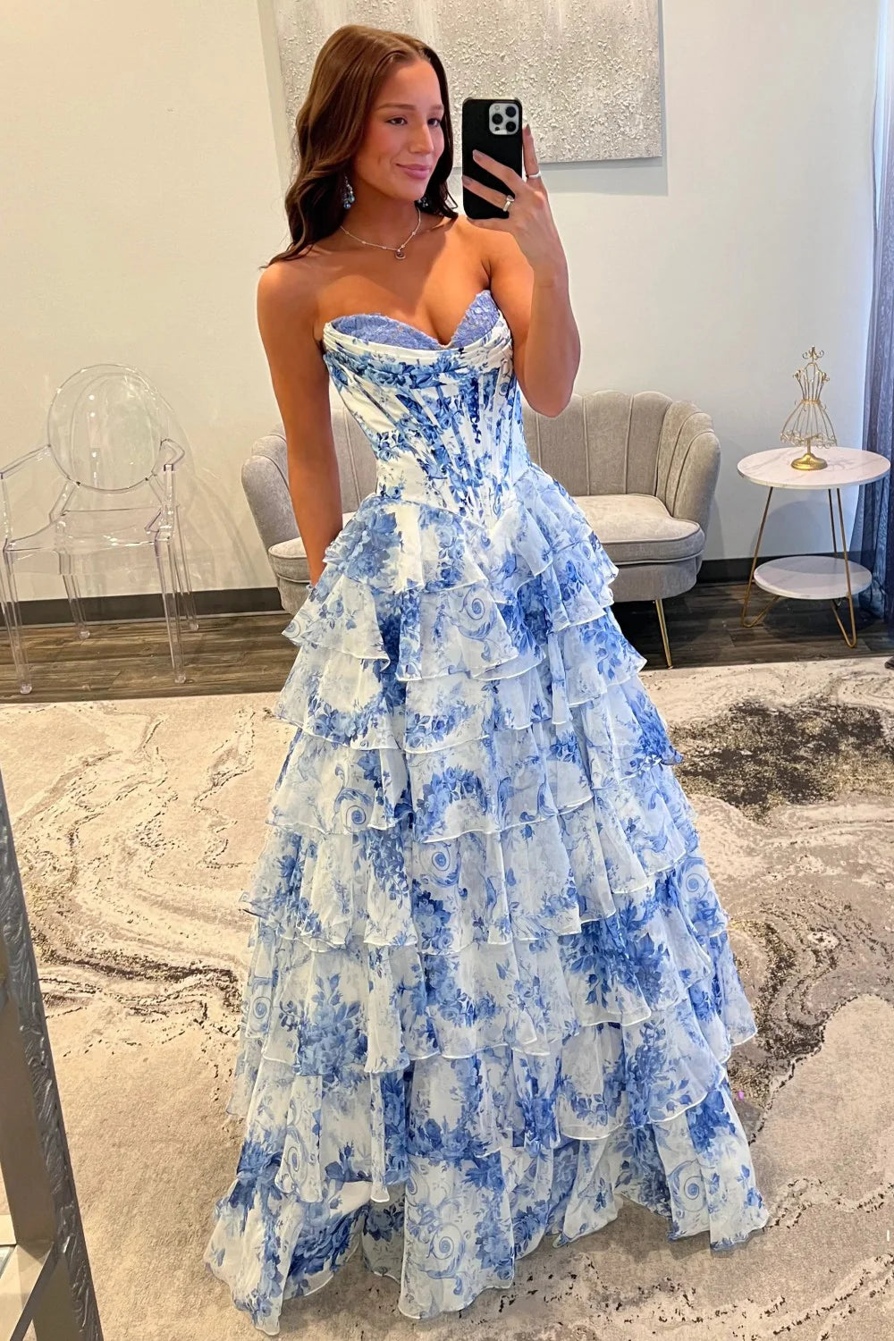 Fairytale Pink Floral Corset Sweetheart Prom Dress With Tiered Skirt And Slit AD253