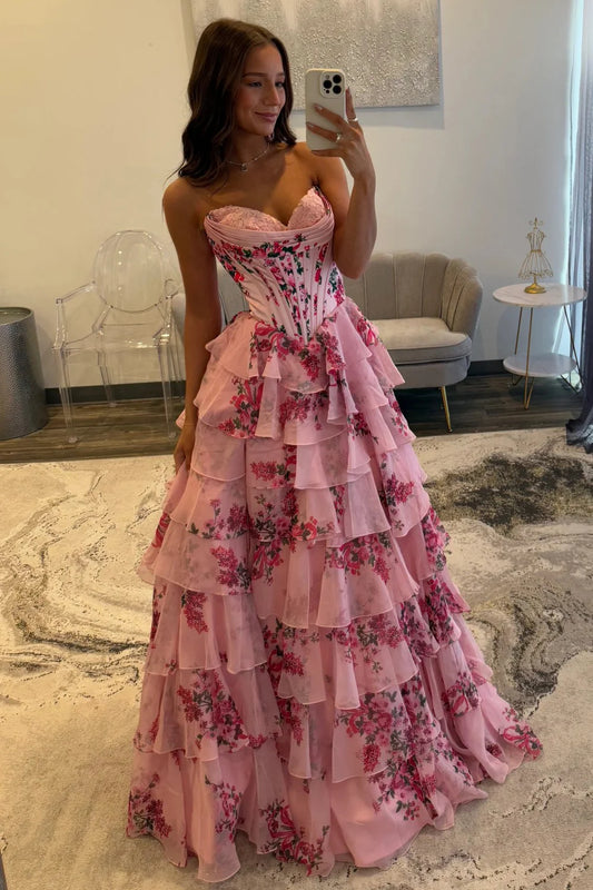 Fairytale Pink Floral Corset Sweetheart Prom Dress With Tiered Skirt And Slit AD253