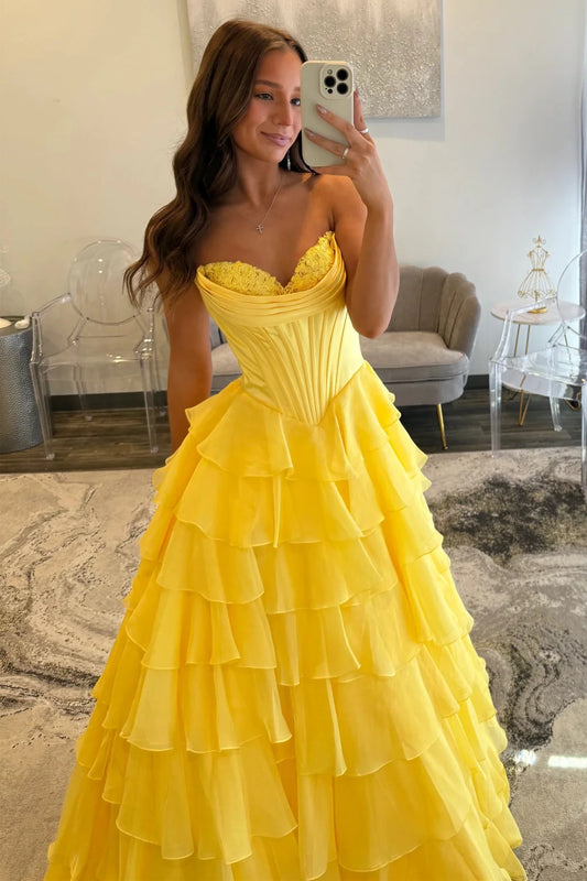 Romantic Yellow Sweetheart Corset Tiered Ruffle Chiffon Ball Gown Prom Dress AD254