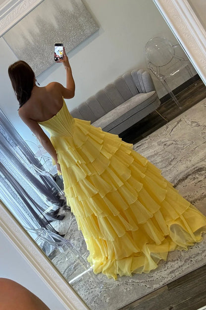 Romantic Yellow Sweetheart Corset Tiered Ruffle Chiffon Ball Gown Prom Dress AD254
