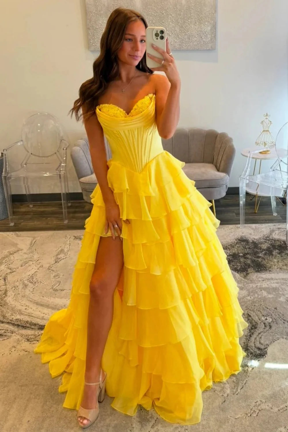 Romantic Yellow Sweetheart Corset Tiered Ruffle Chiffon Ball Gown Prom Dress AD254