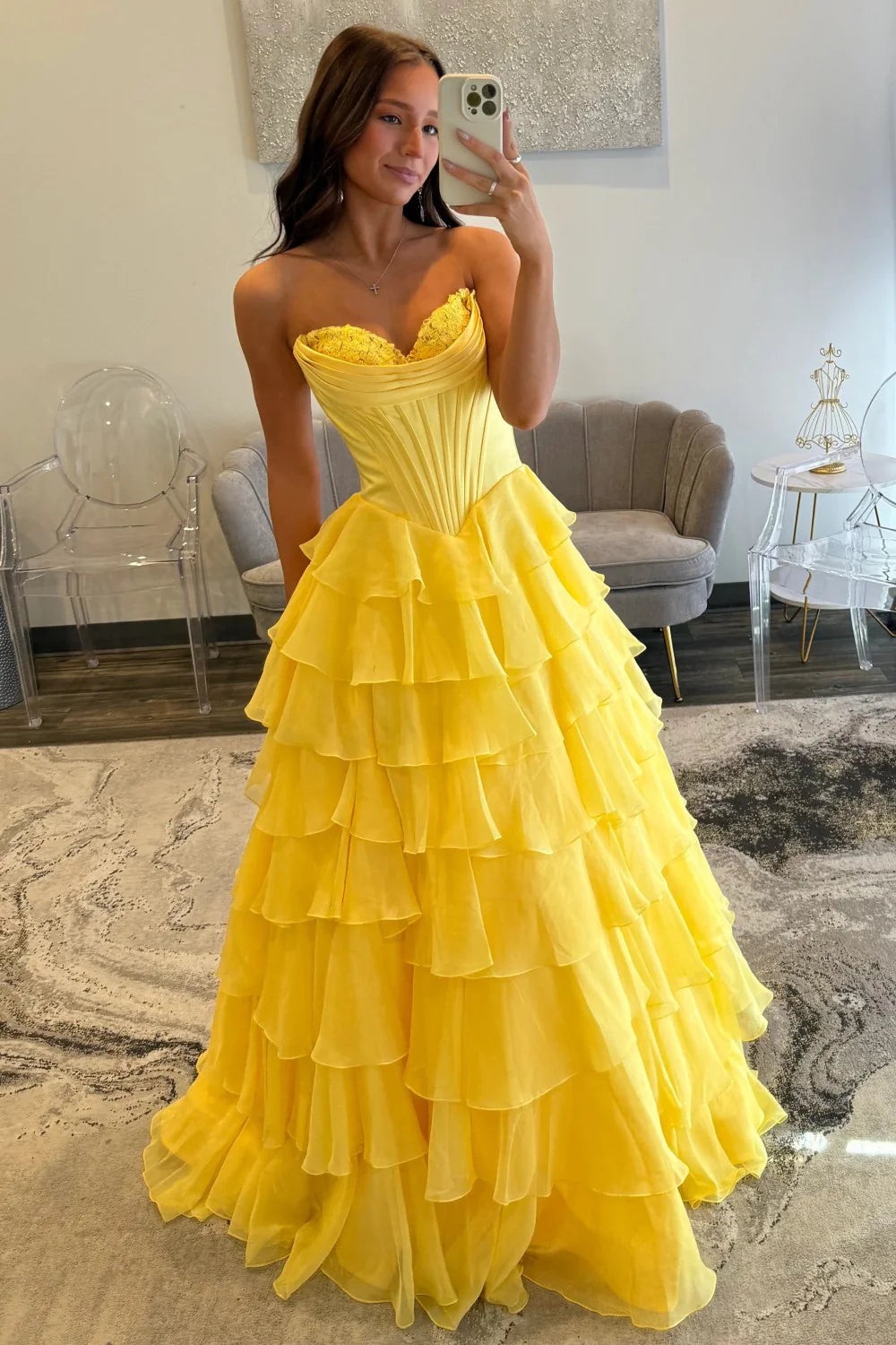 Romantic Yellow Sweetheart Corset Tiered Ruffle Chiffon Ball Gown Prom Dress AD254