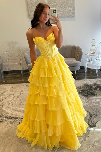 Romantic Yellow Sweetheart Corset Tiered Ruffle Chiffon Ball Gown Prom Dress AD254