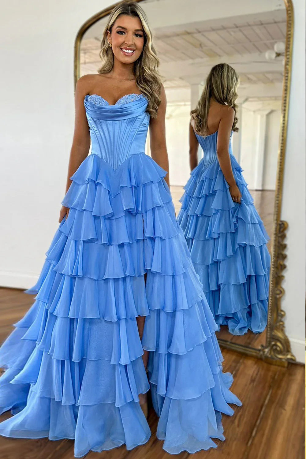 Romantic Yellow Sweetheart Corset Tiered Ruffle Chiffon Ball Gown Prom Dress AD254