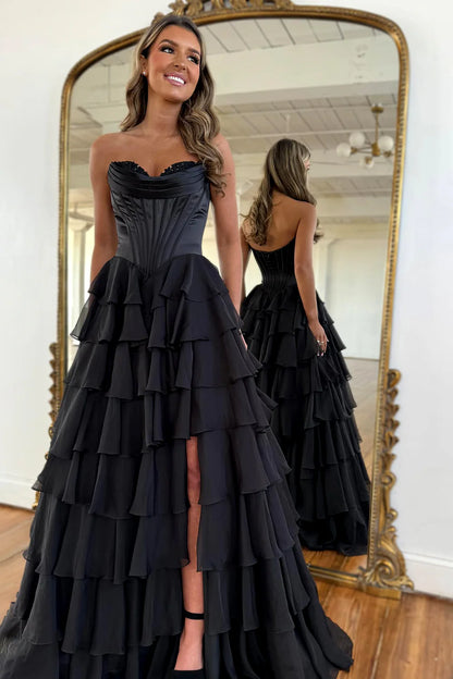 Romantic Yellow Sweetheart Corset Tiered Ruffle Chiffon Ball Gown Prom Dress AD254