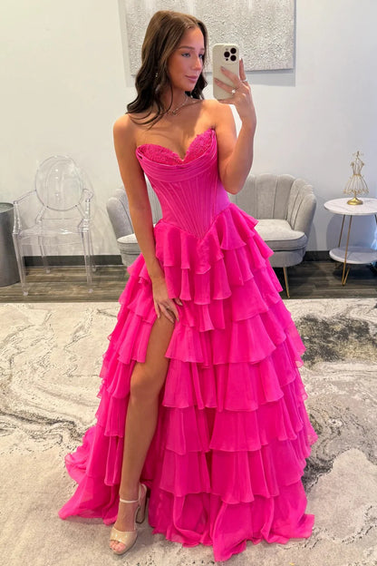 Romantic Yellow Sweetheart Corset Tiered Ruffle Chiffon Ball Gown Prom Dress AD254