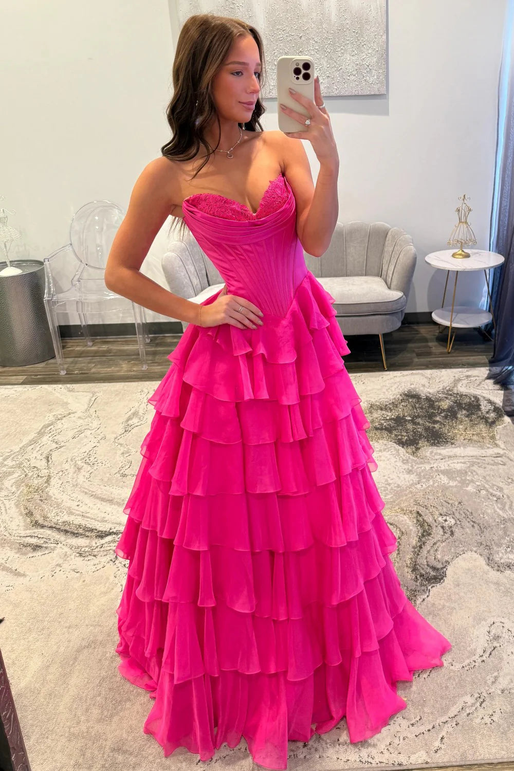 Romantic Yellow Sweetheart Corset Tiered Ruffle Chiffon Ball Gown Prom Dress AD254