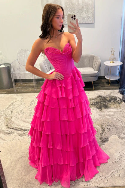 Romantic Yellow Sweetheart Corset Tiered Ruffle Chiffon Ball Gown Prom Dress AD254