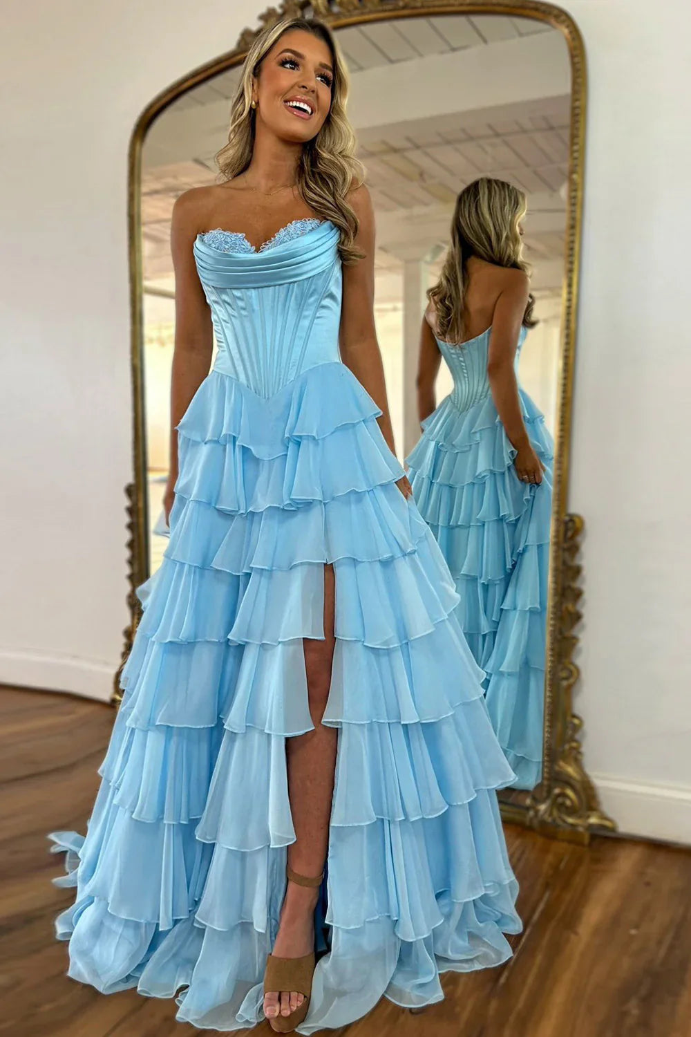 Romantic Yellow Sweetheart Corset Tiered Ruffle Chiffon Ball Gown Prom Dress AD254