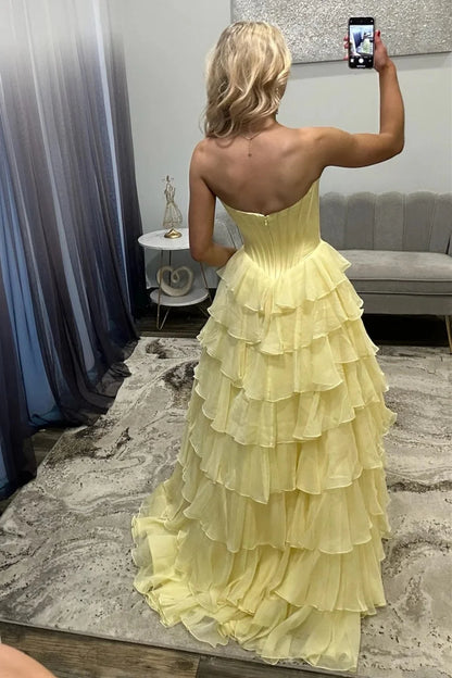 Romantic Yellow Sweetheart Corset Tiered Ruffle Chiffon Ball Gown Prom Dress AD254