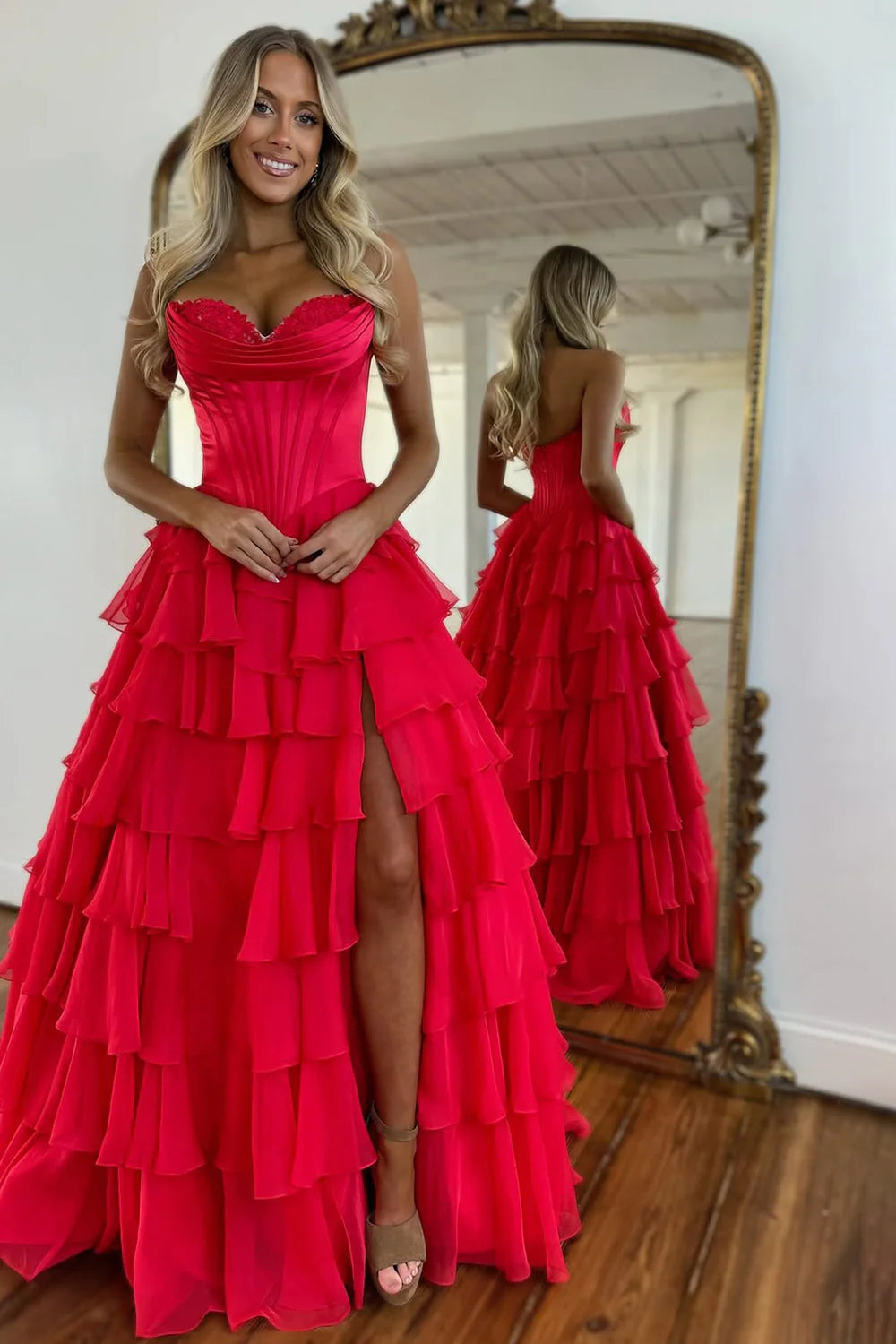 Romantic Yellow Sweetheart Corset Tiered Ruffle Chiffon Ball Gown Prom Dress AD254