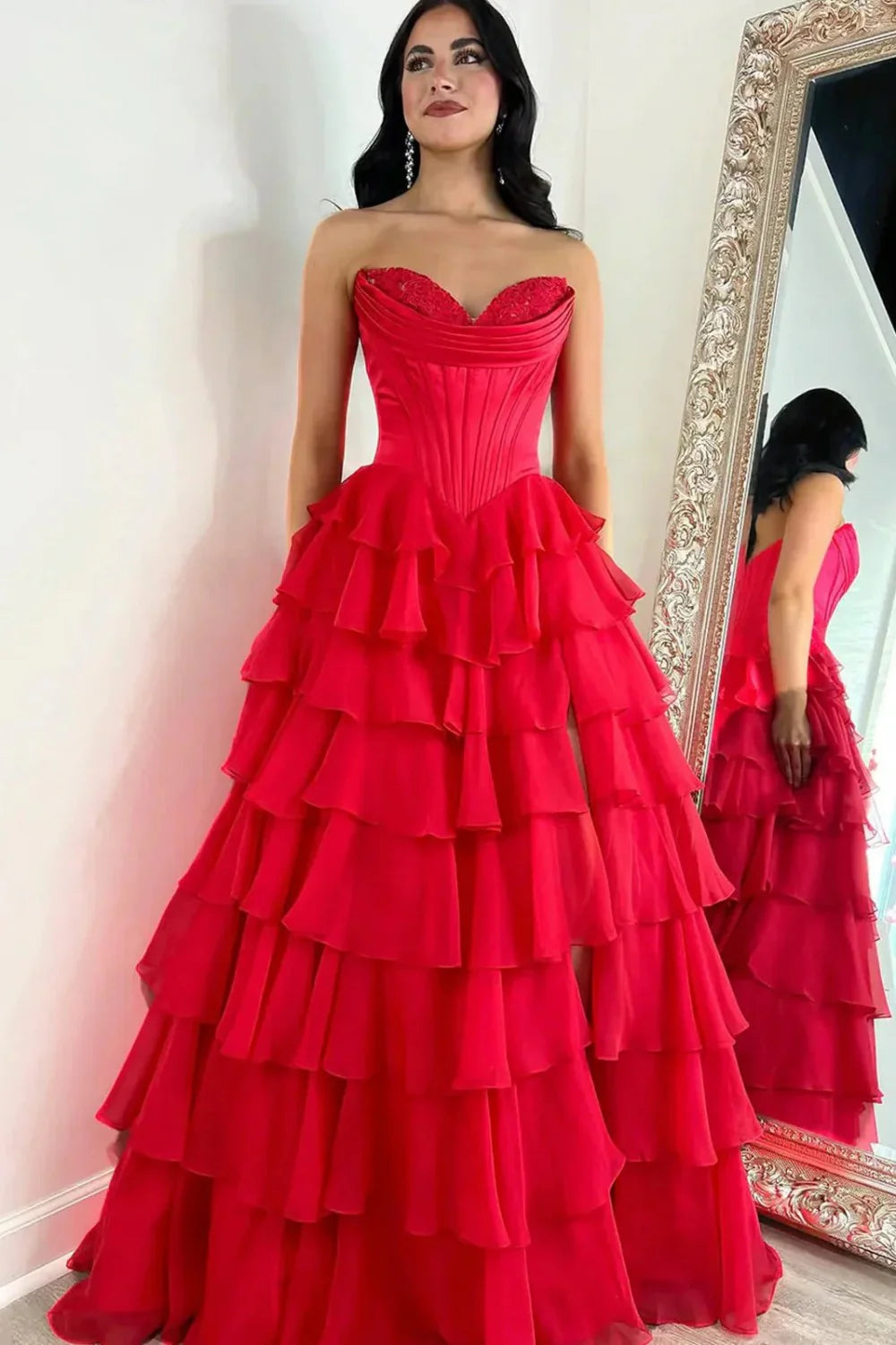 Romantic Yellow Sweetheart Corset Tiered Ruffle Chiffon Ball Gown Prom Dress AD254