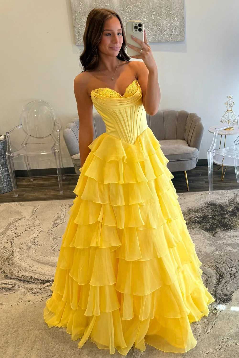 Romantic Yellow Sweetheart Corset Tiered Ruffle Chiffon Ball Gown Prom Dress AD254