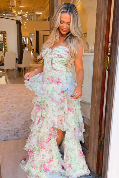Romantic Floral Tiered Ruffle Sweetheart Long Chiffon Prom Dress With Slit AD255