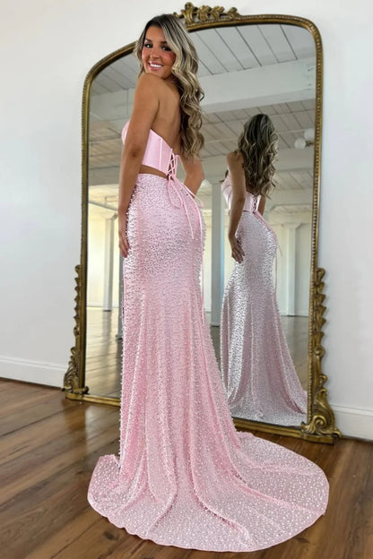 Stylish Blush Pink Halter Satin Top Two Piece Mermaid Prom Dress With Pearls AD256