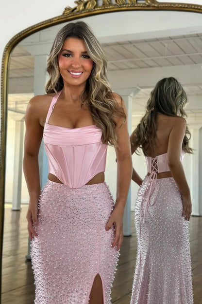 Stylish Blush Pink Halter Satin Top Two Piece Mermaid Prom Dress With Pearls AD256