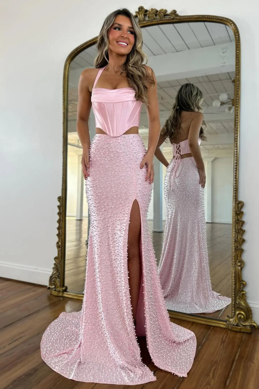 Stylish Blush Pink Halter Satin Top Two Piece Mermaid Prom Dress With Pearls AD256