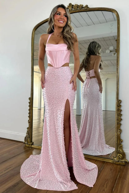 Stylish Blush Pink Halter Satin Top Two Piece Mermaid Prom Dress With Pearls AD256