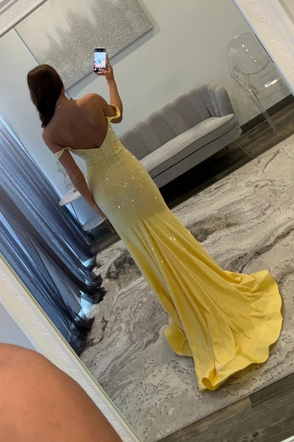 Sparkling Yellow Off The Shoulder Long Beaded Formal Prom Dress With Leg Slit AD257
