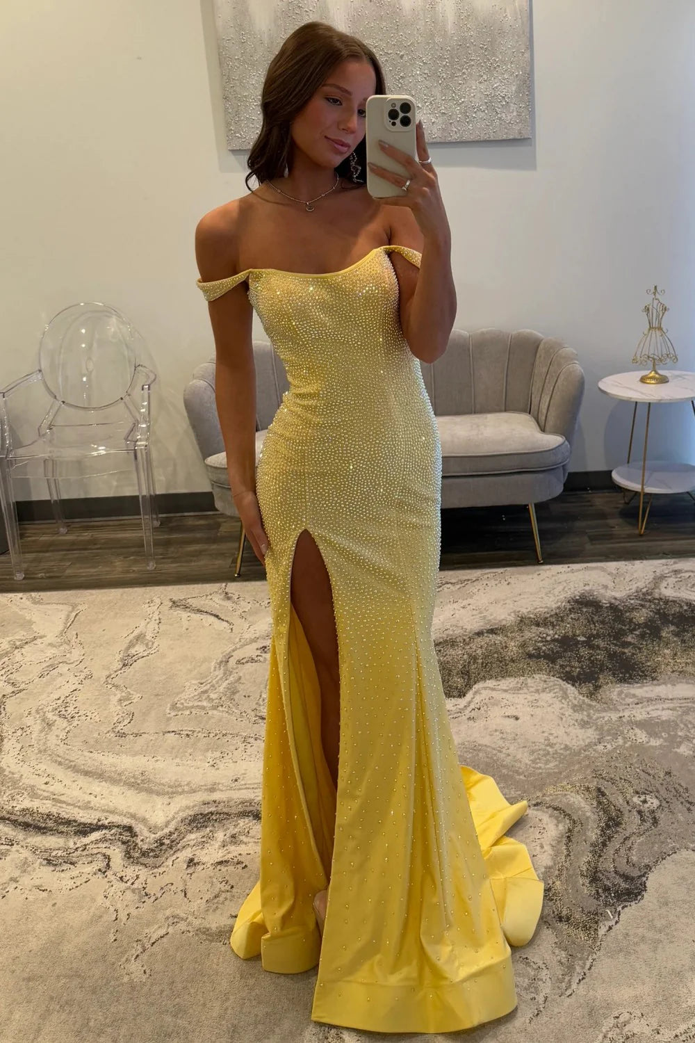 Sparkling Yellow Off The Shoulder Long Beaded Formal Prom Dress With Leg Slit AD257